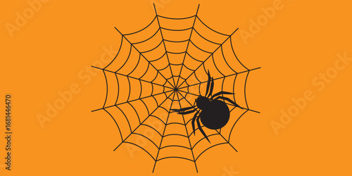 Silhouette Spider on Web: Halloween Vector Illustration.
