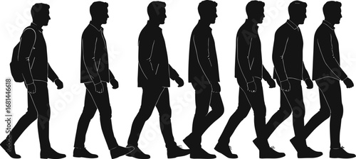 Vector silhouette sequence showing stages of man walking, posture evolution, daily motion progress, and human character movement animation frame