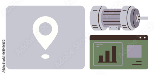 Location pin, industrial motor, data dashboard with chart. Ideal for engineering, data monitoring, technological progress, logistics, location tracking innovation industrial solutions. Simple flat