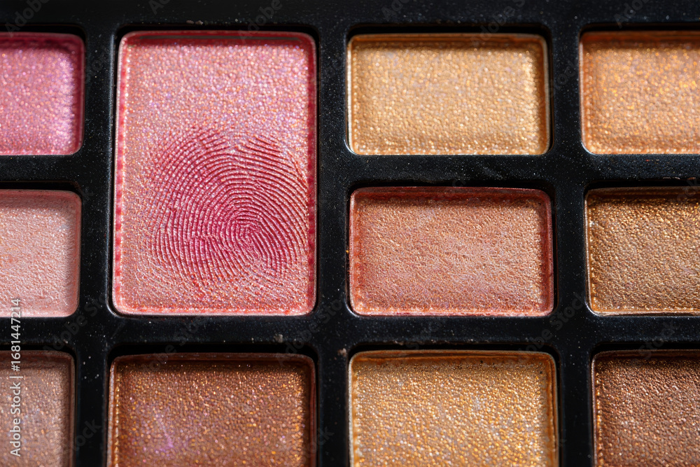 Fototapeta premium Close-up Macro Shot of Shimmery Eyeshadow Palette with Fingerprint Detail; Warm, Glamorous Tones.