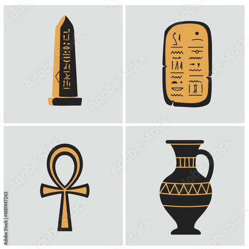 Depicts Egyptian Artifacts/Hieroglyphs Symbols Collection at Archaeological Site