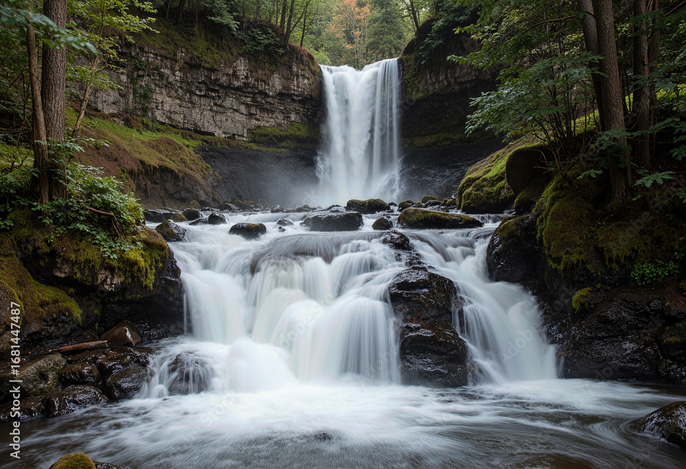 Fototapeta premium A powerful and majestic waterfall cascading over mossy rocks in a lush, green forest, captured with a long exposure to create a smooth, milky water effect.