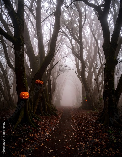 Foggy Halloween forest path (1)