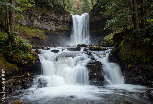 A powerful and majestic waterfall cascading over mossy rocks in a lush, green forest, captured with a long exposure to create a smooth, milky water effect.
