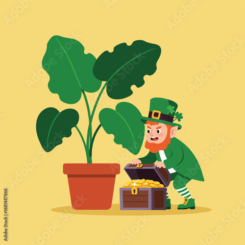 Leprechaun Opens Treasure Chest Near Plant