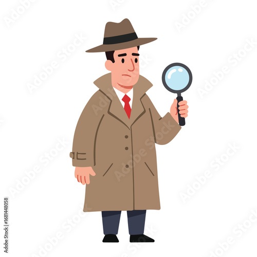 , keywords, and category suggestion based on the image

 Detective Investigates with Magnifying Glass at Crime Scene or Office