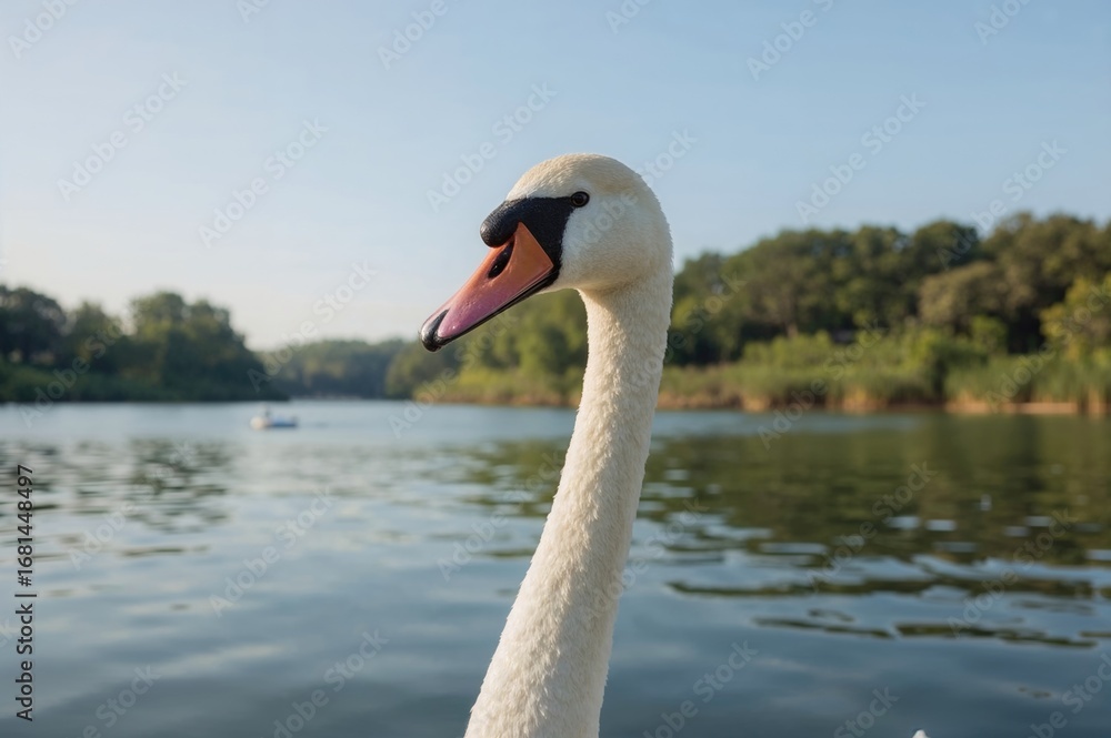 Fototapeta premium Elegant white swan in a romantic setting with a pristine natural backdrop