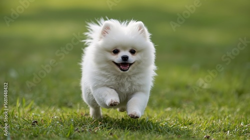 Fluffy White Pomeranian Running on Grass
