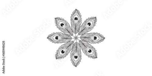 Symmetrical black and white mandala of eight detailed peacock feathers arranged in a circular star-like pattern.