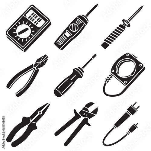 Collection of electrical tools including multimeter pliers screwdriver soldering iron wire strippers and power plug