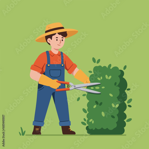 Gardener Trimming a Bush in the Yard