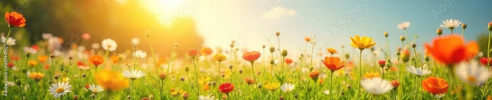Fototapeta premium Sun-Drenched Wildflower Meadow Gently Swaying in the Breeze Idyllic Summer Nature Scene Perfect for Backgrounds and Calendars