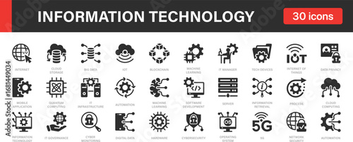 Information technology icon collection. Network, data Analytics, Internet, Cyberspace, Blockchain, Server icons set.