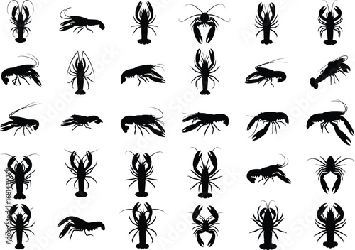 Collection of diverse black silhouettes of lobsters and crawfish in various poses and orientations on a white background