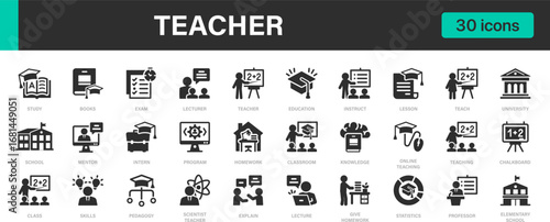Teacher icon collection. Contains icons: Study, Board, Education, Learning, Lesson icons set.