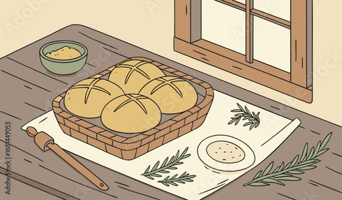 A rustic kitchen table with freshly baked bread, herbs, and sunlight streaming through a window, natural lifestyle stock image."