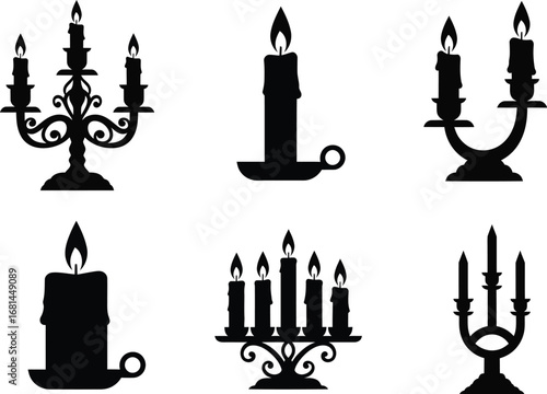 Collection of six black silhouette illustrations of various antique and modern candelabras and single candles