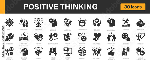 Positive thinking icon collection. Contains icons: Optimism, Healthy life, supportive icons set.