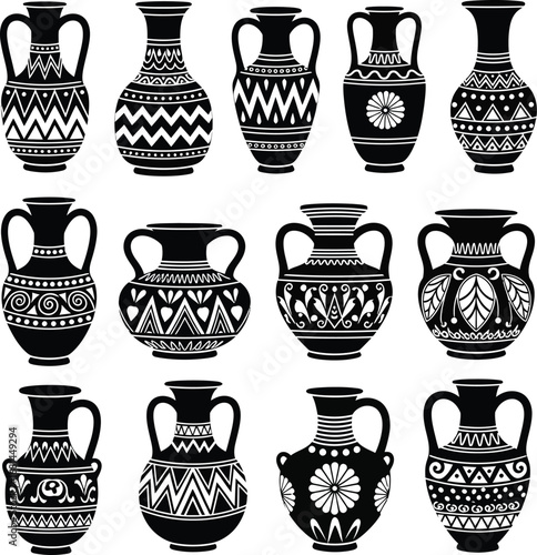 Collection of ancient greek ceramic pottery vases with intricate decorative patterns and handles