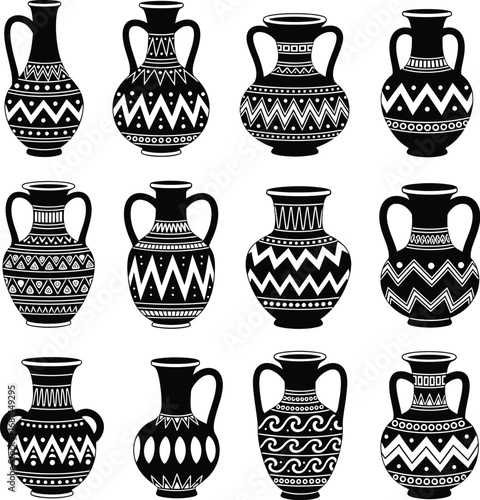 Collection of twelve ancient greek amphorae vases with intricate geometric patterns and handles isolated on white background