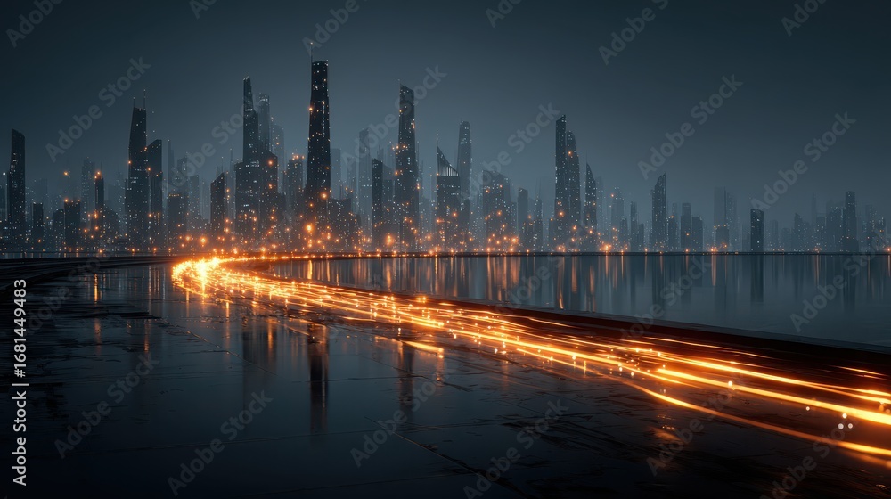 Fototapeta premium Futuristic Smart City at Night with Glowing Lines and Reflections