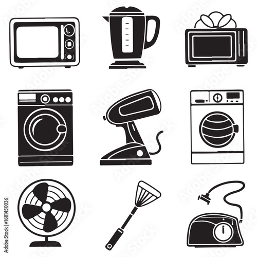 Collection of hand drawn black and white icons representing various household appliances and electronics for modern living