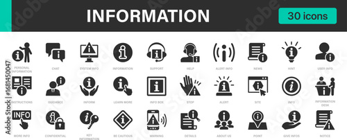 Information icon collection. Contains icons: Info, Support, Guide, Help icons set.