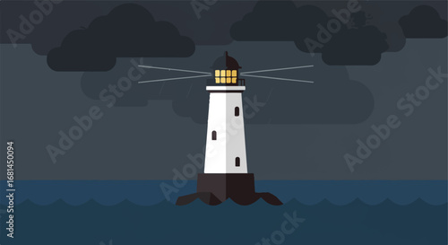 Lighthouse Illuminates Under Stormy Sky Over Ocean