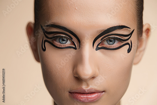 Close-up portrait of a woman with dramatic, graphic black eyeliner and neutral makeup, showcasing avant-garde beauty and fashion.