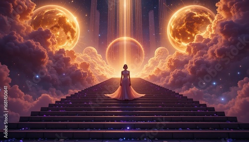 silhouette of a girl on ancient steps leading to a glowing celestial ball among the clouds. Digital art in anime style with golden tones. For adventure and fantasy