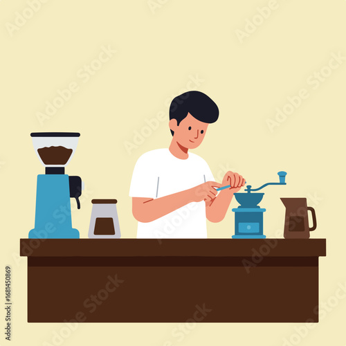 Man Grinding Coffee Beans at Cafe