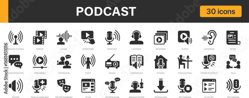 Podcast icon collection. Contains icons: Conversation Microphone, Speaking, Entertainment, Record icons set.