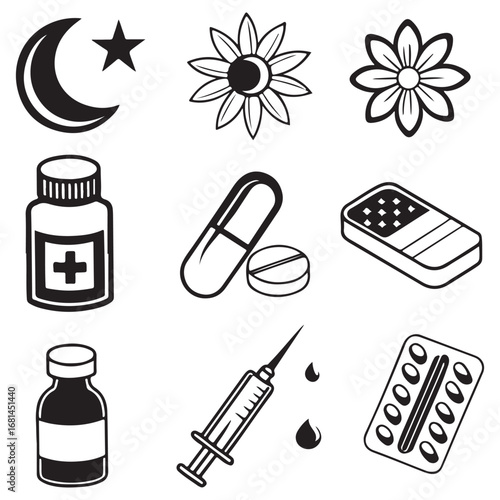 Collection of hand drawn medical and healthcare icons including crescent moon star flower pills syringe and medicine bottle
