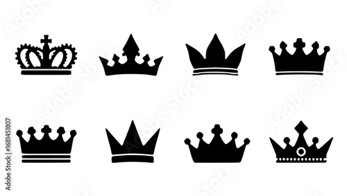 A collection of elegant crown designs in a simple and sophisticated monochrome style. Each crown showcases unique and detailed craftsmanship, symbolizing royalty, power, and heritage.