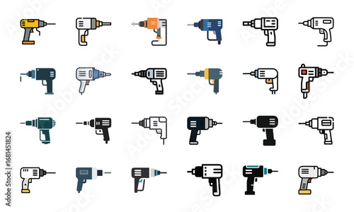 Construction and Building Icons Set – Architecture Tools, Engineering Equipment, Construction Site, Crane, Safety Helmet, Concrete Mixer, Bulldozer, Power Drill, Saw, Hammer, Ruler, Paint Roller, Wood