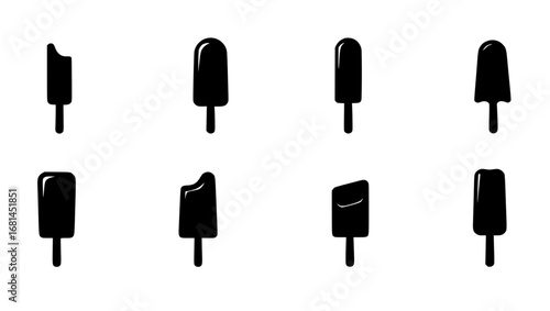 A collection of popsicle silhouettes on a plain field of white, showcasing shapes, sizes and textures. the design conveys simplicity and graphic appeal. vector illustration