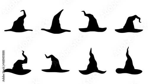 A collection of silhouette witch hats, conjuring the mystique and magic of Halloween, presented in simple elegance. vector illustration