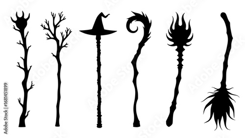 A collection of stylized silhouettes showcasing various enchanted magic wands and brooms against a plain background. The artwork highlights creativity and imagination, and it's ready for any project.