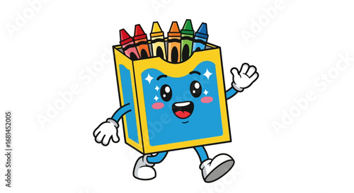 Cartoon Crayon Box Character with Colorful Crayons and Smiling Face.