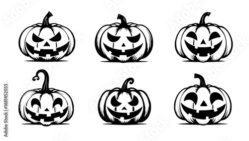 A collection of grinning jack-o'-lanterns, carved pumpkins exuding the spooky spirit of Halloween in monochrome. vector illustration
