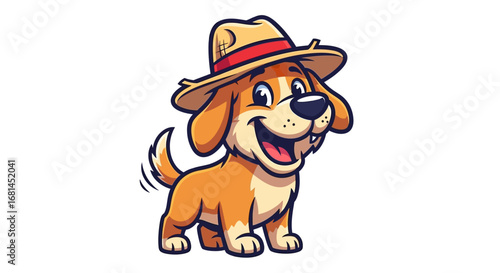 Cartoon Dog with Straw Hat and Red Band Smiling Happily.