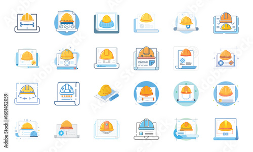 Construction and Building Icons Set – Architecture Tools, Engineering Equipment, Construction Site, Crane, Safety Helmet, Concrete Mixer, Bulldozer, Power Drill, Saw, Hammer, Ruler, Paint Roller, Wood