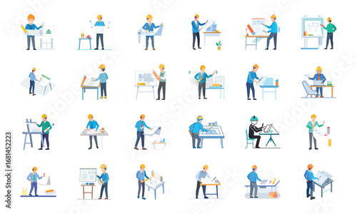 Construction and Building Icons Set – Architecture Tools, Engineering Equipment, Construction Site, Crane, Safety Helmet, Concrete Mixer, Bulldozer, Power Drill, Saw, Hammer, Ruler, Paint Roller, Wood