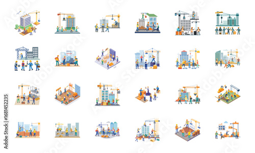 Construction and Building Icons Set – Architecture Tools, Engineering Equipment, Construction Site, Crane, Safety Helmet, Concrete Mixer, Bulldozer, Power Drill, Saw, Hammer, Ruler, Paint Roller, Wood