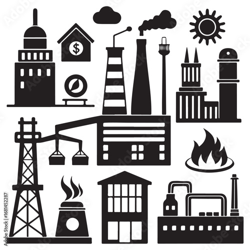 Collection of industrial building silhouettes including factories power plants and oil rigs representing manufacturing and energy production