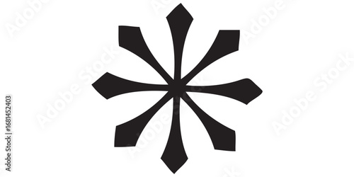Minimalist black eight-pointed star symbol with curved diamond-tipped arms resembling a stylized snowflake or asterisk.