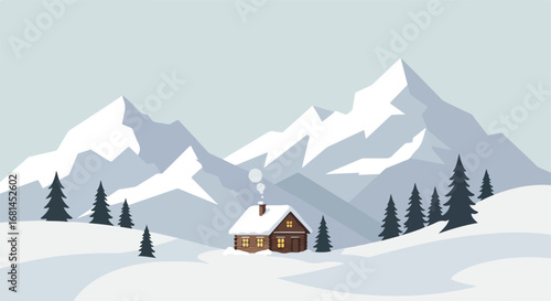 Cabin retreats in wintry mountain scenery