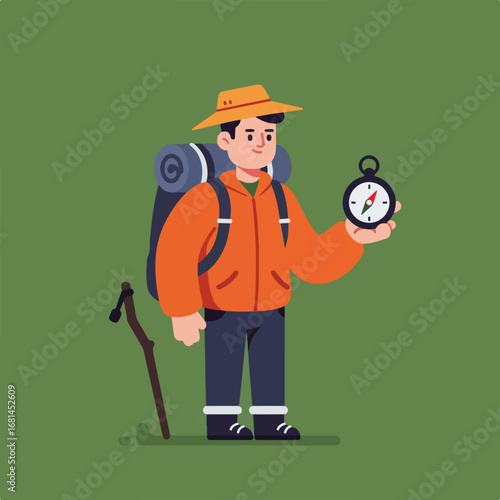 Hiker holds compass in hand in flat vector illustration style