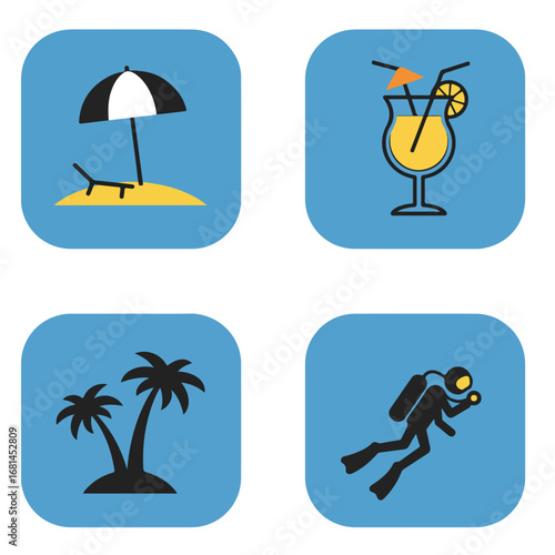 Vacation activities symbols beach, drink, palms and scuba diver icon set