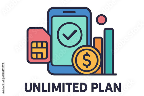 Mobile phone with SIM card and dollar symbol for unlimited plan